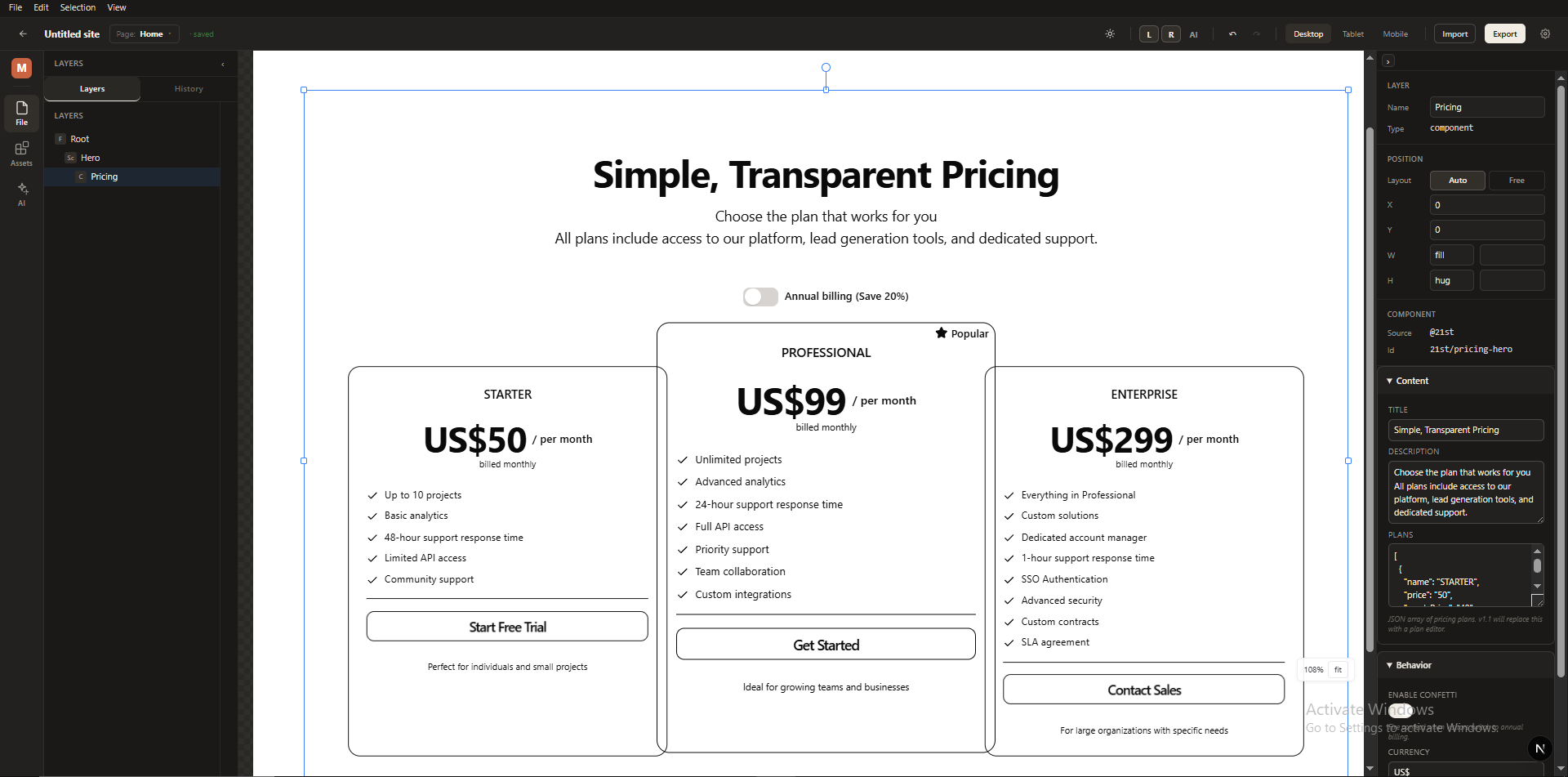 Modul editor pricing section screenshot